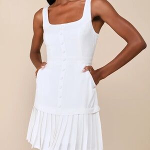 Lulu's | Poised and Chic White Linen Pleated Mini Dress with Pockets